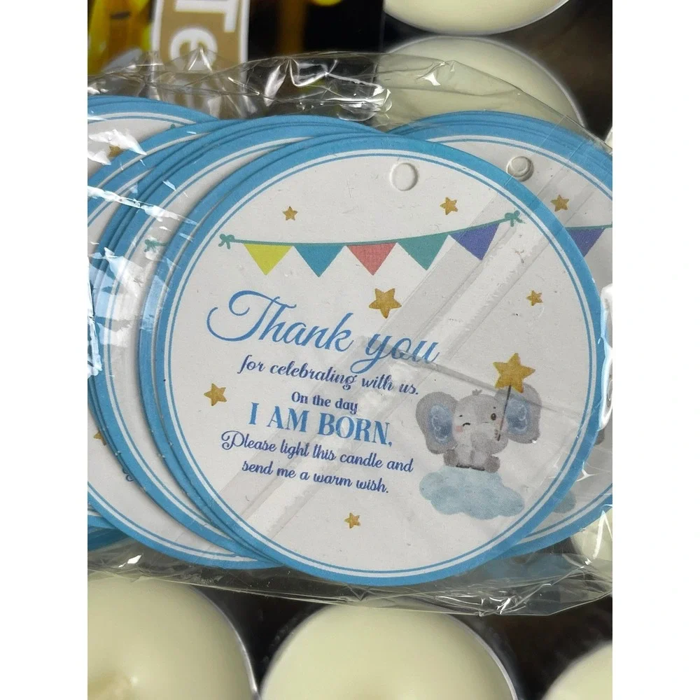 Tlu 100 Count White‎ Tea Light Candles with Blue Elephant Baby Shower Favor Tags